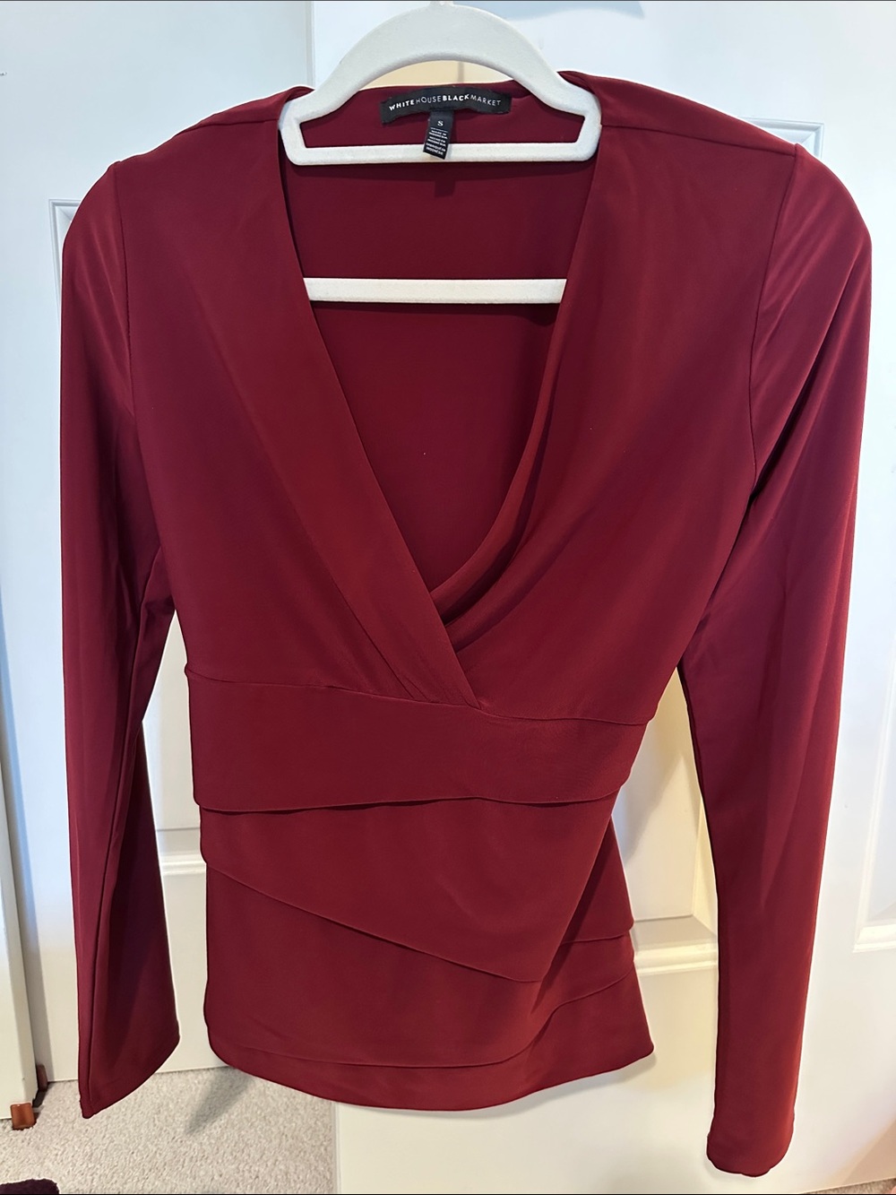 White House Black Market Deep Burgundy Draped Wrap Blouse